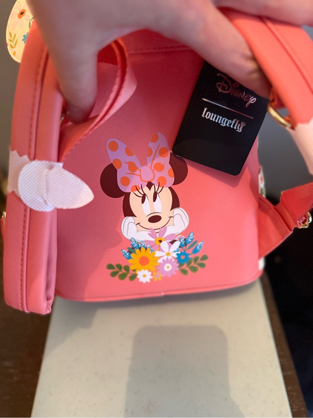 Loungefly Floral Minnie Ear Backpack - Pink Sequin Bow - Picture 6 of 9